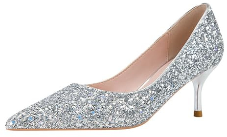 Glitzer Pumps Damen High Heels Sexy Kitten Heel Pointed Toe Schuh 6cm Lässig Büroschuhe Dress Schuhe (silbrig,38)