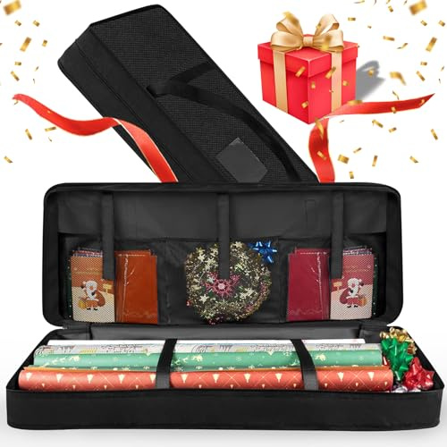 CHRI Geschenkpapier Aufbewahrung Organizer, 82x12x34cm Aufbewahrung mit Netztaschen 600D Oxford Reißfest (Schwarz, Groß)