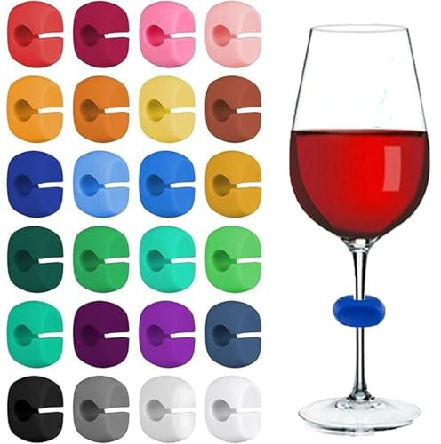 HoAhaMay Marqueurs Verre Réutilisables en Silicone Coloré - Identificateurs pour Verres à Vin, Bouteilles et Tasses à Queue de Poulet - 24 Pièces