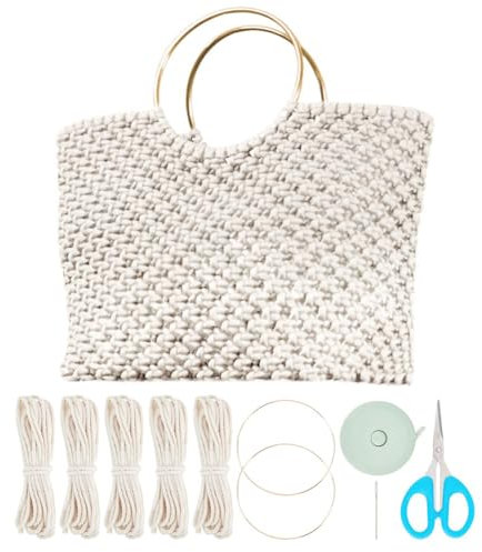 WEBEEDY Macrame Taschen Kits DIY Handgemachtes Makramee Taschen Kit Mit Griff Baumwollseil Und Anleitung Bohemian Taschenbastelset Für Erwachsene Anfänger Mit Video Tutorial (Beige,35x40cm)