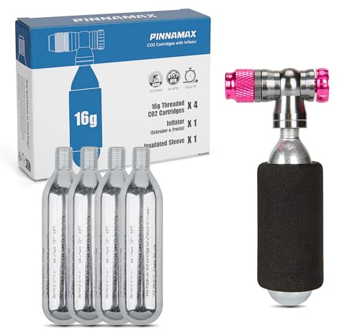 PINNAMAX Set di pompe CO2 per bicicletta – Gonfiatore CO2 con cartuccia CO2 da 16 g/25 g, compatto, leggero, compatibile con valvole Presta & Schrader, perfetto per biciclette da corsa e MTB, con