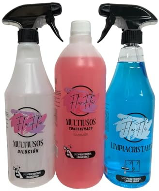 KIMIA - Pack FluFlu Limpieza Completa | Multiusos Concentrado Limpieza Profunda 1L + Limpia Cristales Secado Ultrarrápido 750 ml + Botella Vacía para Disolución 750ml | Limpia, Desinfecta y Aromatiza
