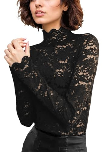 Top da donna in pizzo floreale a maniche lunghe in maglia trasparente, biancheria intima, camicetta estiva da donna, Nero , XL