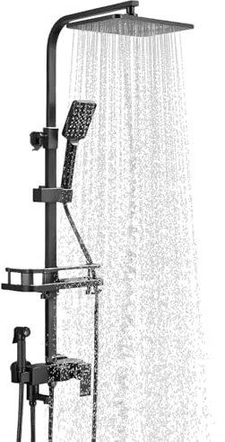 Colonna doccia termostatica,Sistema di doccia termostatico 40°C,Set doccia regolabile in altezza, set doccia da parete,doccia a mano quadrata,anti-bruciore (nero - quattro velocità)