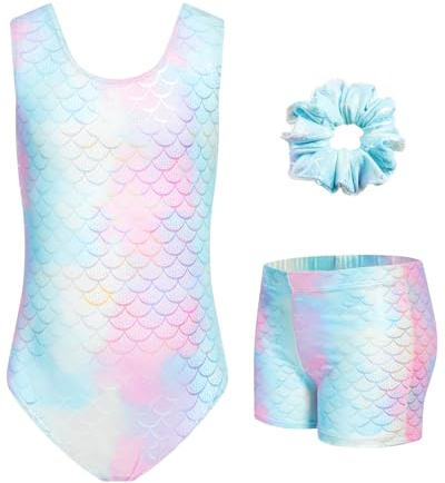 JiAmy Maillot Gimnasia Ritmica para Niña, Maillot Ballet Cuello redondo Maillot Disfraz Gimnasta Incluyendo Hairband Pantalones cortos Niña de 3 a 12 años