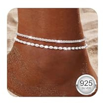 Diamday 2Pcs 925 Sterling Silver Ankle Bracelets for Women Silver Anklet Adjustable Women's Anklets Waterproof Dainty Layered Anklet Set Ankle Chains Beaded Rope Link Beach Anklets for Women A