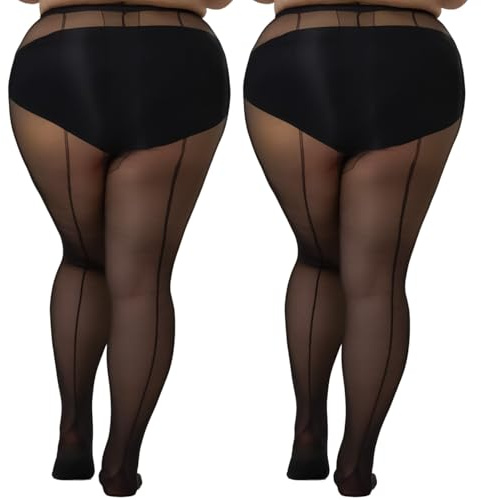 MERYLURE 2 Pack Plus Size Backseam Black Tights for Women, 20D Sheer T-Crotch Pantyhose Sheer To Waist Stockings