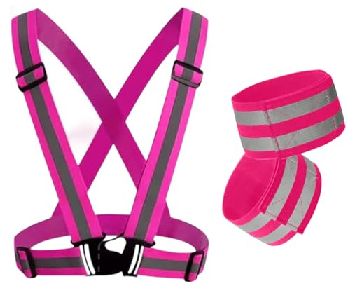 YSDINK Gilet de Sécurité Ajustable + 2 Bracelets Réfléchissants,Haute Visibilité,Élastique & Respirant,idéal pour Jogging,Vélo,Moto, Hommes et Femmes,Parfait pour Plein air et Randonnée (Rose Rouge)