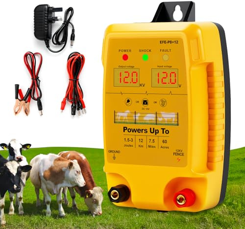 Electric Fence Energiser 12V 2J 12km 7.5 Miles Range, LCD Display, AC Battery Solar Multi-Power Weatherproof Charger for Livestock Horse Poultry Pigs Goats Pets Farms Gardens