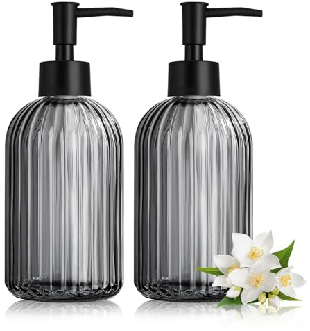 2 Dispensadores de Jabón de Vidrio, 425ml Negro, Dosificador para Cocina y Baño, Soap Dispenser Manual