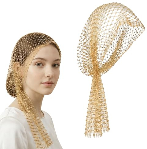 GAZIL Copricapo a Rete con Strass e Paillettes, Cappello Velo a Maglia Luccicante, Turbante Fascia per Capelli Donna Rave Party Accessori - Oro
