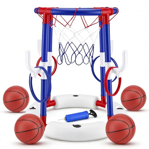 Baloncesto Flotante 2 en 1 para Piscina, con Aro Flotante, 4 Balones Grandes y 12 Aros (Incluye Bomba). Ideal para niños, Adultos y familias. ¡Diversión en la Piscina, Lago o Playa