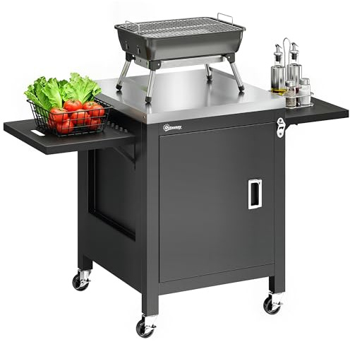 Outsunny - Carro de barbacoa con ruedas, bandeja de acero inoxidable, armario, portatoallas, abridor de botellas, 140,5 x 68 x 89 cm, color negro