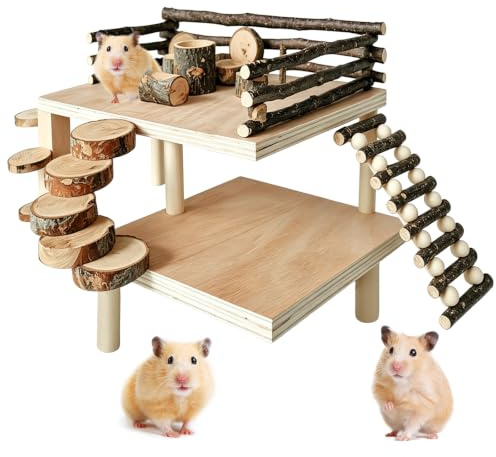 Jouet Hamster, Maison en Bois DIY avec Échelle et Plateforme | Hamster Accessoire avec aire de jeu, barrière de sécurité et plateforme, 47 × 34 × 22 cm.