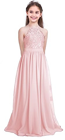 Freebily Enfant Long Robe De Soirée Cocktail Fille Dentelle Fleur Robe Costume De Cérémonie Mariage Princesse sans Manche Taille Haute Rose Perle 10 Ans