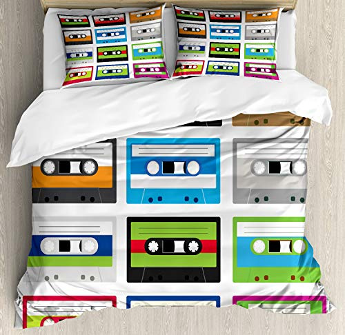 Ambesonne 90s Duvet Cover Set, Composition of Retro Plastic Audio Cassettes Tapes Old Technology Entertainment Theme, Decorative 3 Piece Bedding Set with 2 Pillow Shams, California King, Green Blue