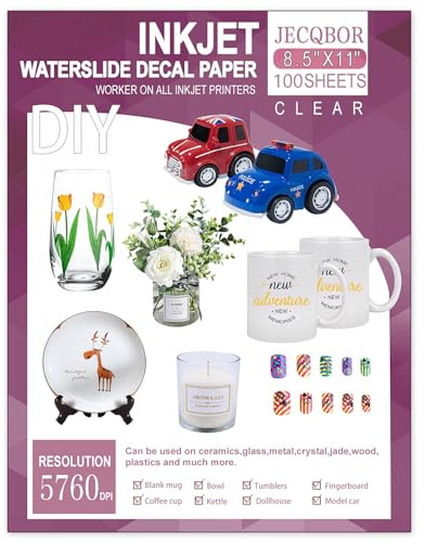 100 Sheets Waterslide Decal Paper Inkjet Clear,8.5X11 Inch Water Slide Transfer Paper Transparent Printable for Tumblers,Ceramics,Plastics,Glasses,DIY