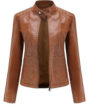 YFFUSHI Femme Veste en Simili Cuir Décontracté Style Motard PU Biker Blouson Cuir en Col Montant,Chameau,XL