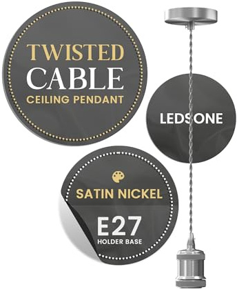 LEDSone Vintage Satin Nickel E27 Pendant Light Fitting | 95cm Adjustable Twisted Braided Cable Ceiling Lamp Holder Kit for Kitchen Island, Dining Room, Bar, Cafe & Loft