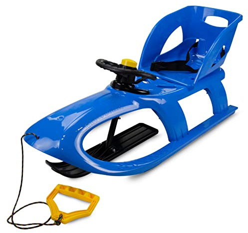 Prime Garden® MOTOSLITTA Volante Premio Trineo infantil de plástico para niños con cuerda de tracción de metal, dirección del respaldo (azul)