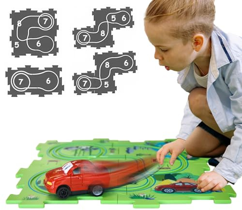 4 Year Old Boy Birthday Gift, Puzzle Racer Kids Car Track Set Puzzle Racer Car Track Set with Roadmap Puzzle Track Car Play Set Toys for 4 Year Old Boys (C-Land, Set3-5PCS)