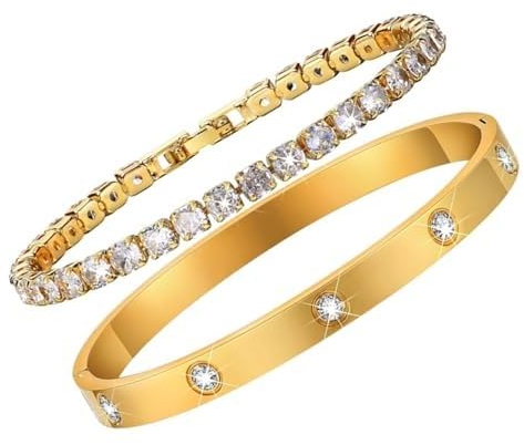 ehomiiii 2Pcs Armband für Frauen Edelstal 6mm Breit Tennisarmband Damen Zirkonia Armreif 17/19cm Armbänder Schmuck Geschenk Silber Gold für Mama Freund Tochter