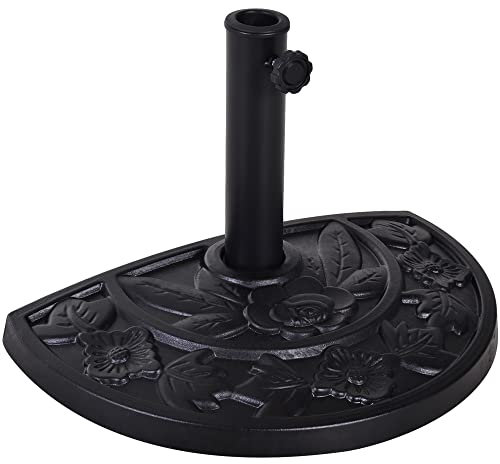 Outsunny Pied de Parasol Base de lestage Parasol Demi-Cercle Poids Net 9 kg résine Aspect Fonte Motif Fleur avec molette de Serrage, dim. 50L x 31l x 32H cm, Noir