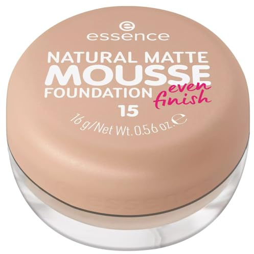 essence NATURAL MATTE MOUSSE FOUNDATION, Nr. 15, Nude, mattierend, abdeckend, Expressergebnis, matt, vegan, ohne Parfüm, ohne Alkohol, ohne Konservierungsstoffe, 1er Pack (16g)