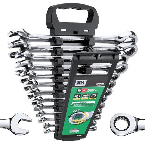 SK Ratcheting Wrench Set, Combination Wrench Set, 13-Piece, SAE 1/4 to 1, 72-Tooth, Premium CR-V Construction, with Rack Organizer