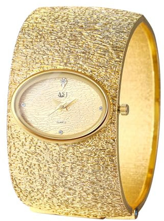 JewelryWe Damenuhr Gold Ovale Uhr: Damen Analog Quarz Armbanduhr Chunky Breit Offen Armreif Armspange Uhr Legierung Spangeuhr Geschenk für Frau Mädchen