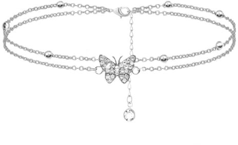 Fußkettchen für Frauen, silber 925, Schmetterling Layered Fußkette, Zierlich Geschichtet Wasserdicht Fußkettchen für Frauen einstellbar, verstellbare 22+4cm