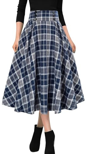 MGizo DtiSpectrum Faldas Plisadas a Cuadros para Mujer - Falda Tartán Vintage de Cintura Alta Elástica con Botones Decorativos en la Parte Delantera, Falda Escocesa Plisada Acampanada de Largo Midi