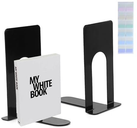 Lot de 2 serre-livres en métal - 80 x 70 x 130 mm - Pour livres, magazines et DVD - Noir - Avec 1 autocollant d'étiquette