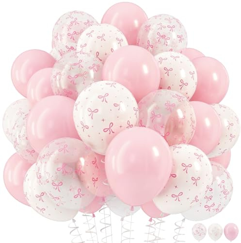 HILAVO Pink Bow Balloons, 12 Inch Pastel Light Pink Transparent White Bow Print Coquette Balloon for Women Birthday Bachelorette Party Bridal Shower Wedding Anniversary Decorations Supplies