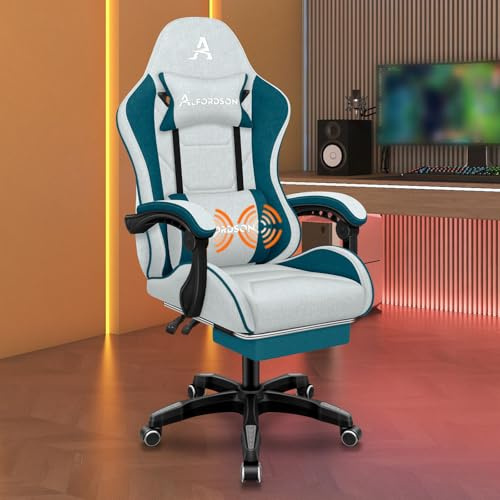 ALFORDSON Bürostuhl, Gaming-Stuhl Massage, Ergonomischer Gamer Sessel mit Fußstütze, Kopfstütze, Massage-Lendenkissen, Gepolstert, Drehstuhl aus Leinenstoff, Dunkelblaugrün