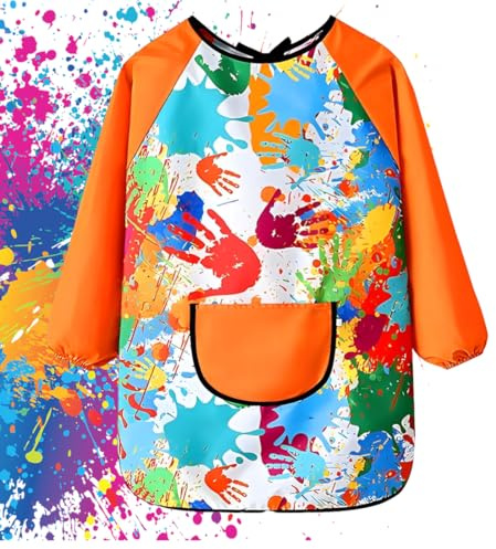 WUSJCOF Grembiule da Pittura per Bambini 7-11 Anni Ragazze Ragazzi, Grembiule Impermeabile con Maniche e Tasche, Grembiule per Scuola Arte Pittura Fai da Te Cucina (Arancione)