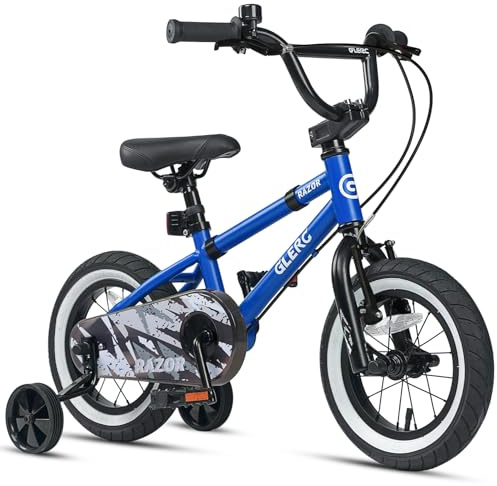 Glerc Razor 12-tums barncykel för 1–4 år, pojkar, nybörjare, småbarn, första BMX-stilscykel med säkerhetsklocka och avtagbara stödhjul, blå