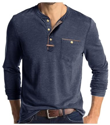 Henley T Shirt Manche Longue Homme Tshirt Col Roulé Boutonné Tee-Shirt Décontracté Coupe Régulière T-Shirts Bleu M