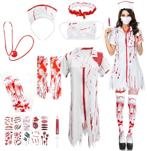 JOKILY 9 stycken zombie sjuksköterska kostym damer, blodig sjuksköterska kostym, halloween blod-dräkter damer set skräck brud zombie karneval fest cosplay tillbehör