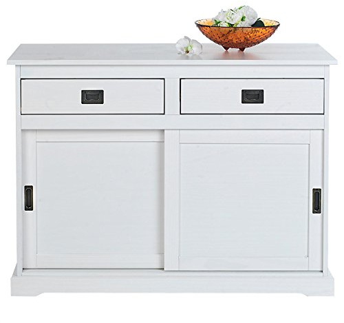 IDIMEX Buffet Salle à Manger Savona L 110 cm en Bois Massif Blanc 2 tiroirs 2 Portes coulissantes Meuble Rangement avec poignées en métal bahut vaisselier Commode 110 x 84 x 46 cm