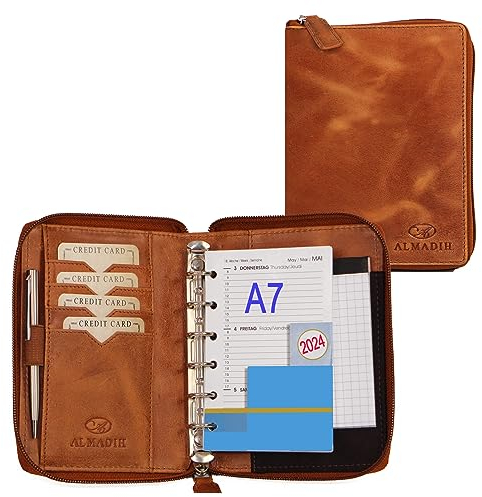 ALMADIH Leder A7 Organizer mit Reißverschluss + Kalender 2025 Notizblock Premium Rindsleder Braun Deluxe in Geschenkbox Ledermappe Mappe Schreibmappe Terminplaner Terminkalender Aktenmappe (BD)