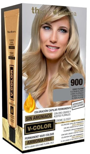 Thader Pharma V-Color Kit de Tinte permanente Sin Amoniaco con Oro Líquido 100% Cobertura de canas, 120 ml (No. 900 Rubio platino)