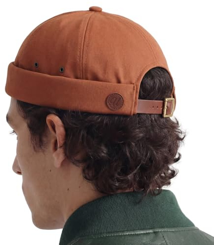 UNDERCONTROL Vintage Brimless Sailor Fisherman Leon Hat Rolled Cuff Harbour No Visor Miki Skull Docker Leather Strap Beanie Cap for Men & Women - Made in Korea - (Brick)