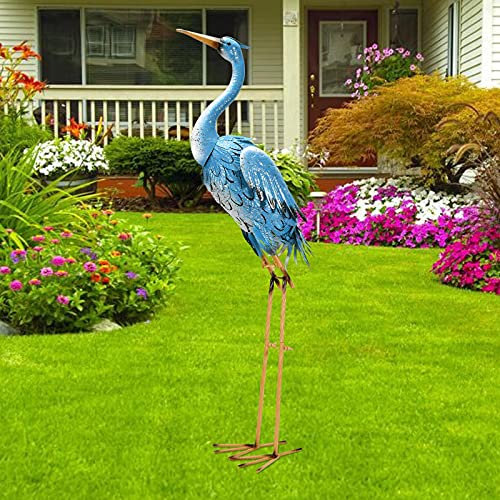 Nacome Grande statue métal bleu héron intérieur/extérieur patio,jardin,porché,cour oiseau décoration pelouse - 93 cm cadeau grand-mère