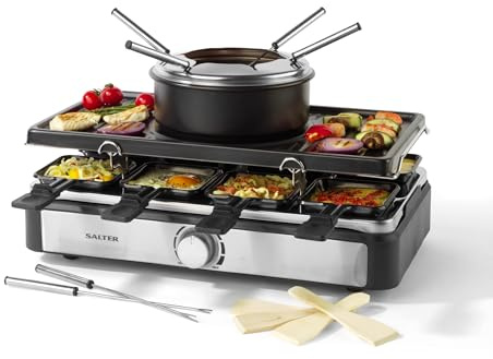 Salter Electric Raclette Grill & Fondue - 2-in-1 Smokeless Indoor Grill, 1.3L Chocolate Melting/Cheese Fondue Pot, 6 Forks, Adjustable Temperature, 8 Non-Stick Pans & Wooden Spatulas, 1400W