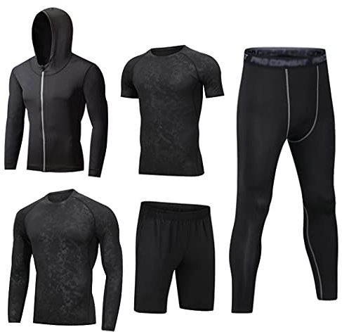 HZQIFEI 5 Pezzi Completi Sportivi Abbigliamento Uomo Abbigliamento Sportivo Giacca con Cappuccio Camicie a Compressione Pantaloni a Compressione Pantaloncini Set (Stile#7, XXL)