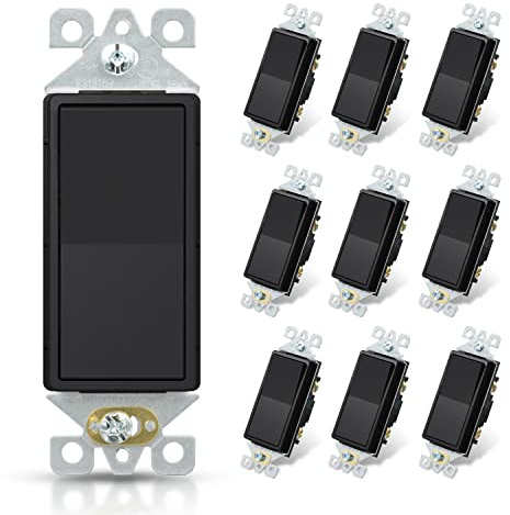 ELEGRP Matte Black Single Pole Decorator Light Switch, 15Amp, 120-277V, Decorative Paddle Rocker Switch Replacement, On/Off Wall Switch, Self-Grounding, Residential/Commercial Grade, UL/CUL (10 Pack)