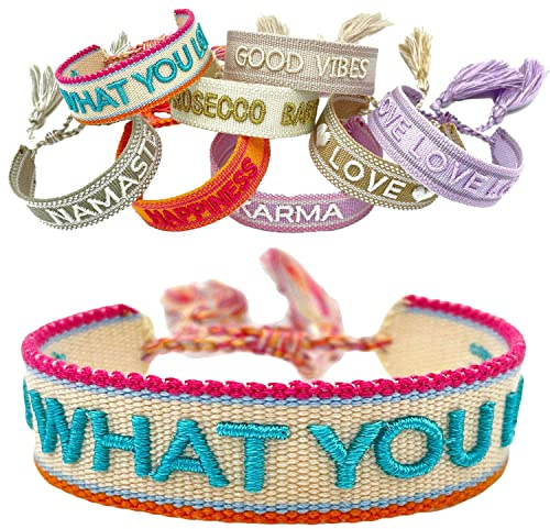 LS-LebenStil Exklusives Statement Armband - das Original - Do what you Love Türkis 16-20cm Quasten besticktes Boho Canvas Webarmband Damen Freundschaftsarmband Geschenk gewebt textil Stoffarmband