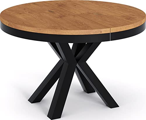 WFL GROUP Table à Manger Ronde Extensible Style Loft – Table Industrielle avec Pieds en Métal Noir – Gain De Place pour Salon Et Séjour – Chêne Lancelot – 100 Cm