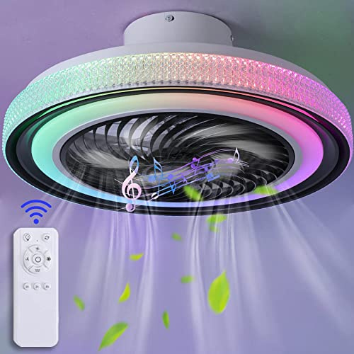 YUNZI Silenzioso Lampada LED con Ventilatore da Soffitto RGB Dimmerabile Ventilatore da Soffitto con Luce E Telecomando ＆ Bluetooth Altoparlante Musicale per Cameretta Soggiorno La Festa-A